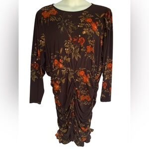H&M Womens Long Sleeve Brown Red Floral Dress Size 3XL NWT Ruching Bodycon